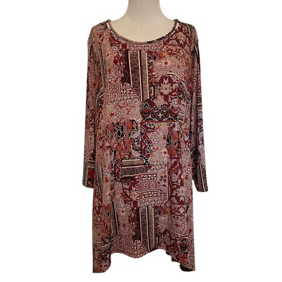 Chico's Hardware Detail Tunic Womens Large Burgundy Baroque Patchwork Flowy Top - Picture 1 of 8